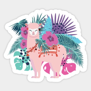 Pink Alpaca with exotic leaves and flowers Sticker